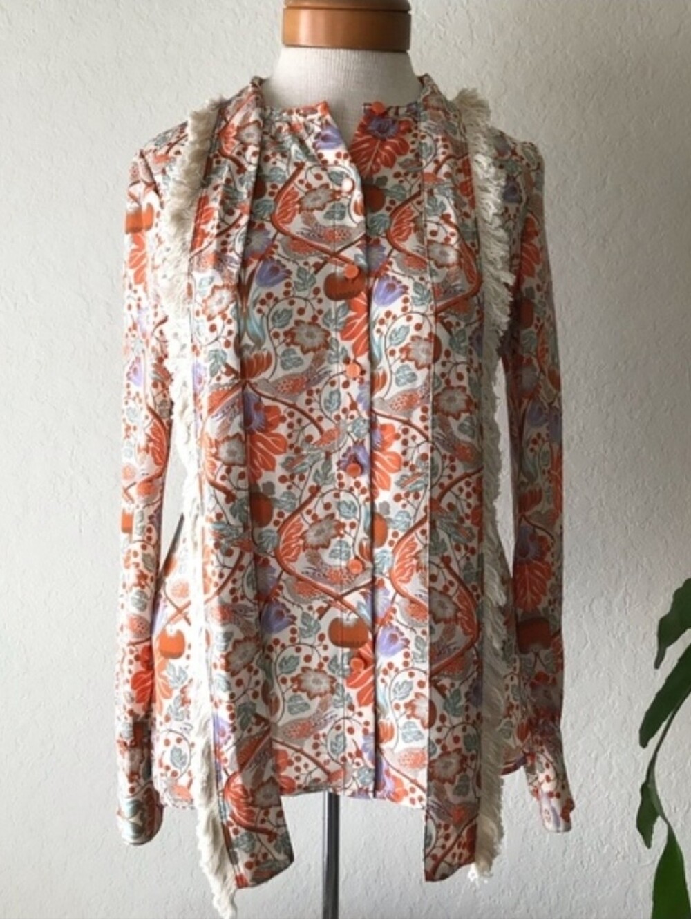 Tory Burch Floral Button-Down Shirt in Orange, White, Purple Size 0
